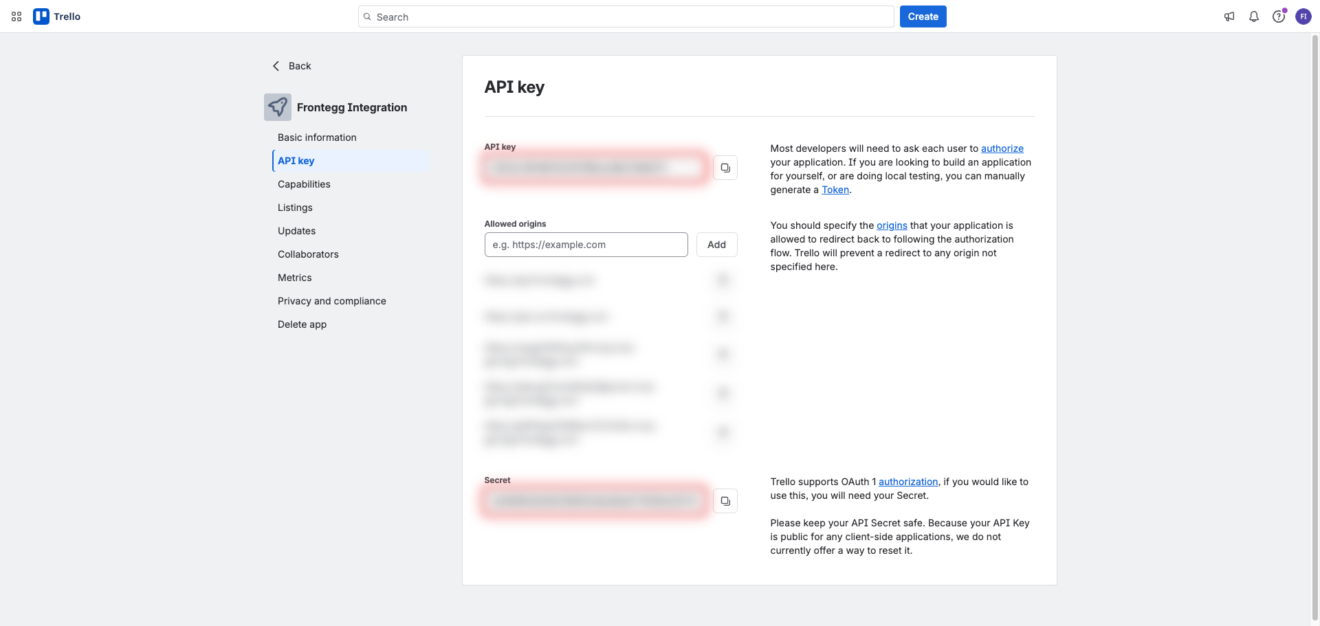 API key page showing blurred API key and Secret