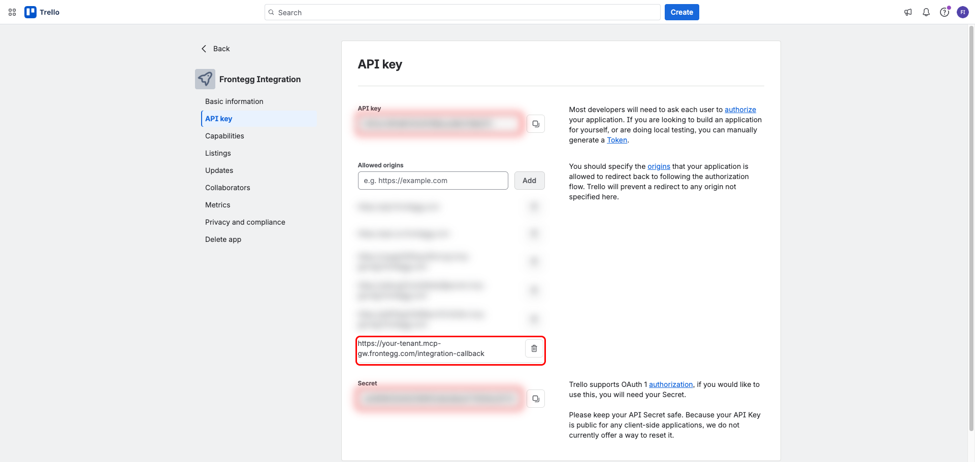 API key page with the Frontegg Redirect URL added to Allowed origins