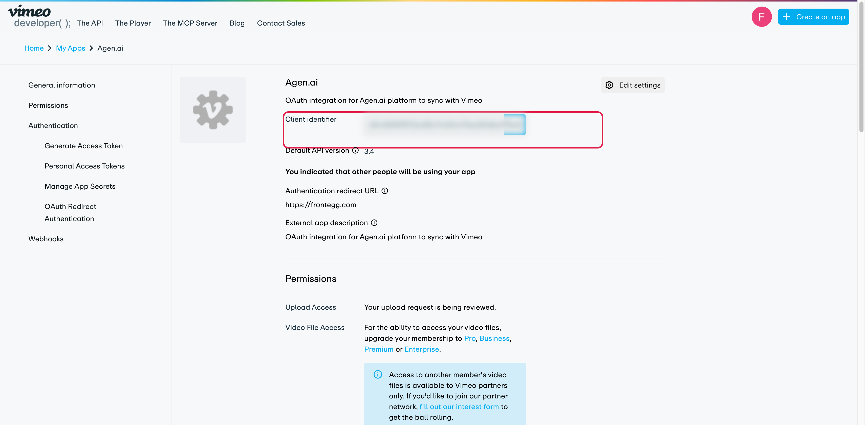 Vimeo app page showing the Client identifier