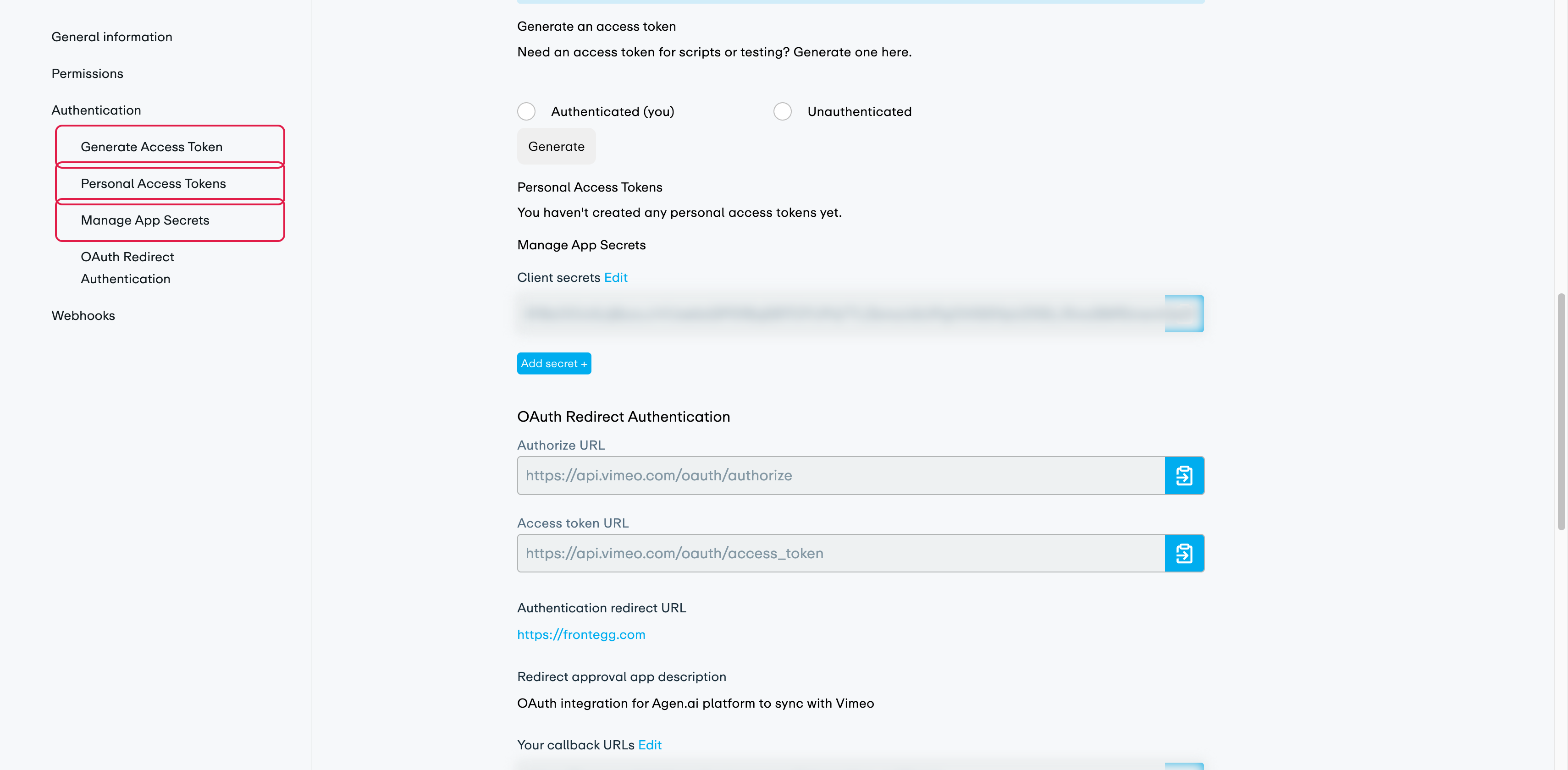 Vimeo app Authentication section with Generate an access token, Personal Access Tokens, and Manage App Secrets