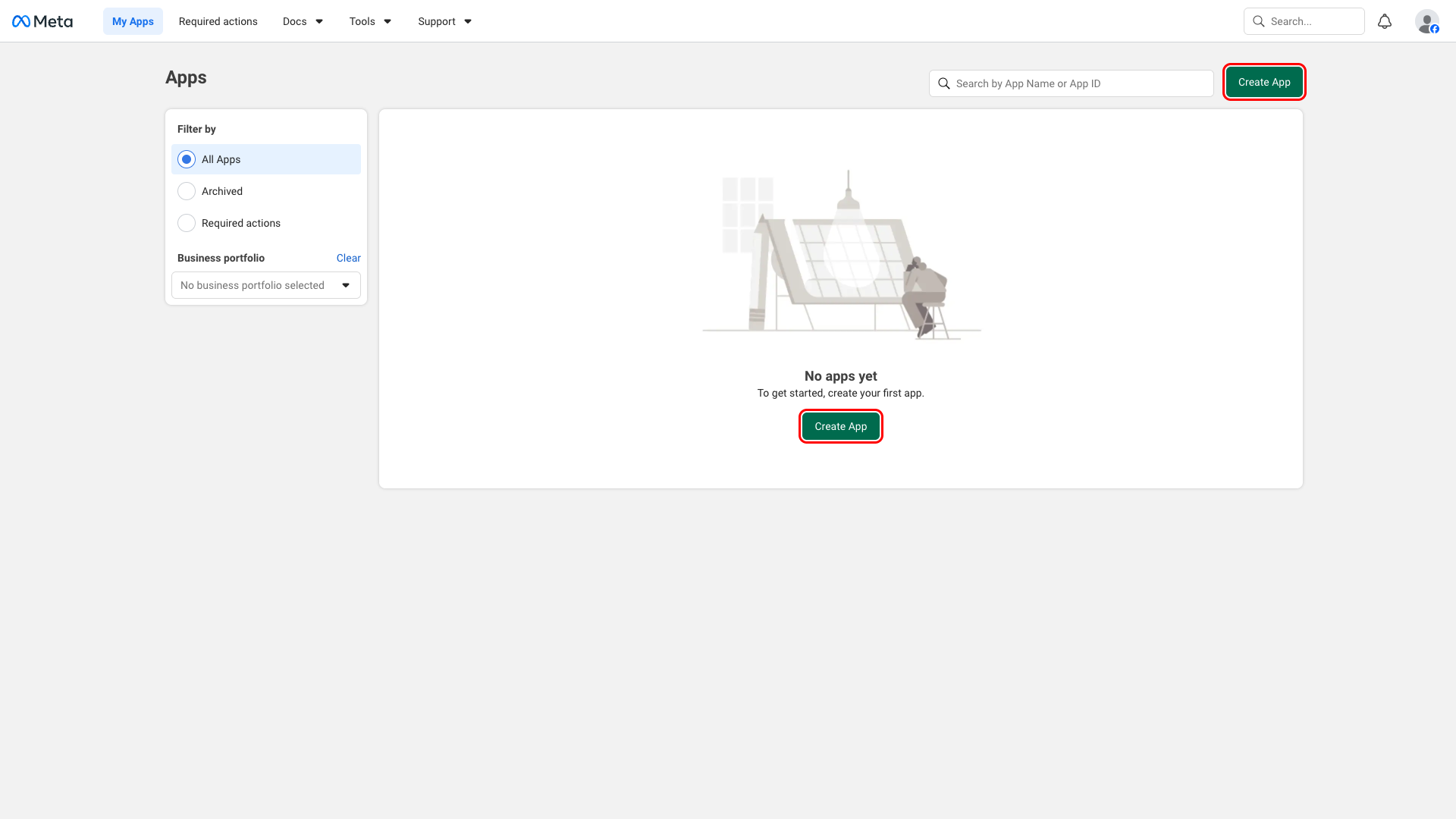 Meta for Developers Apps page with Create App highlighted