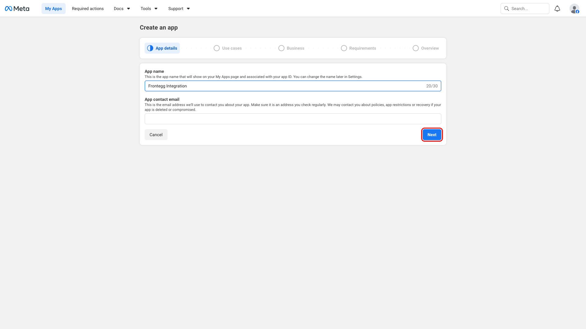 Create an app App details step with name filled in and Next highlighted
