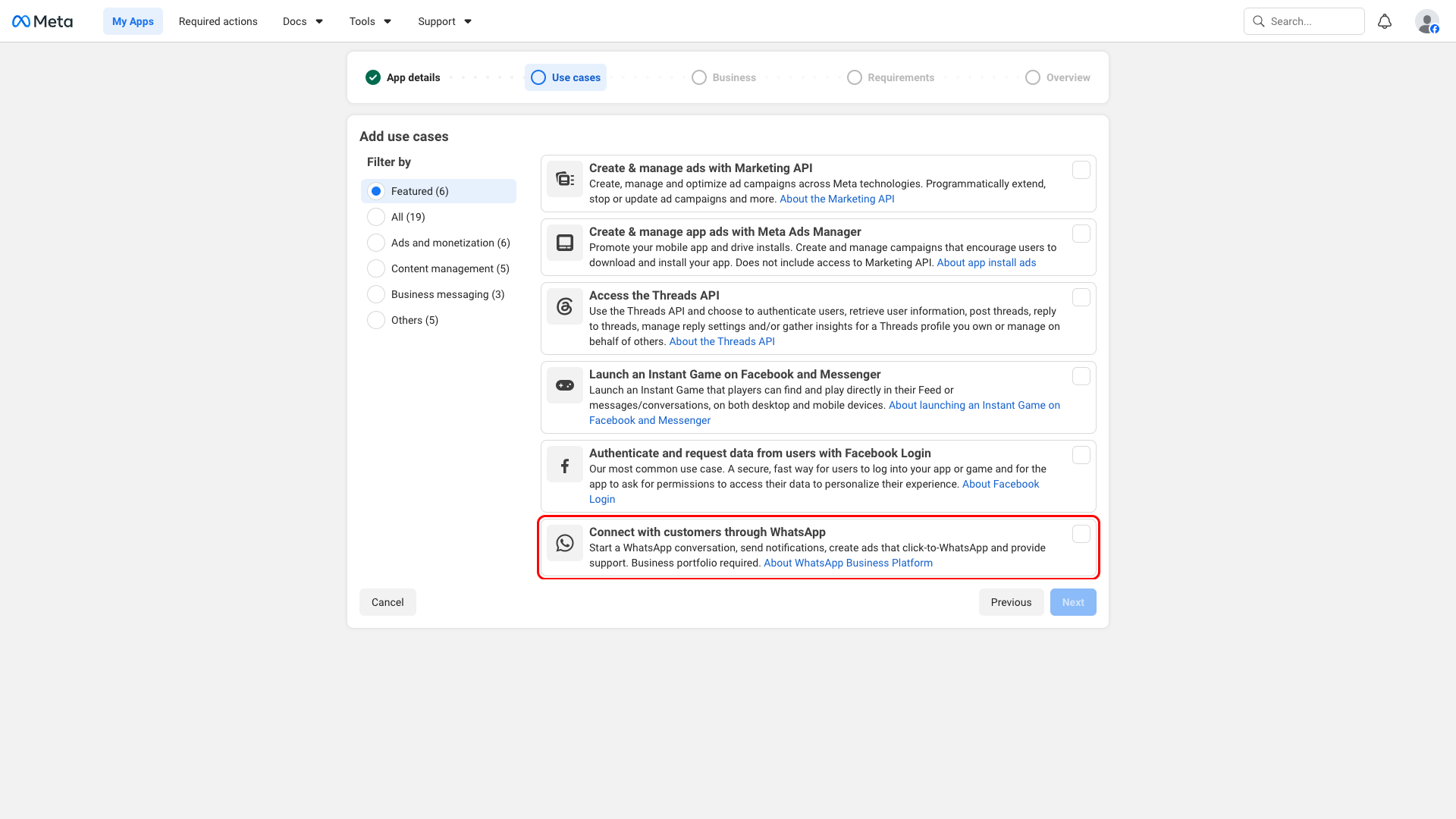 Use cases step with Connect with customers through WhatsApp highlighted