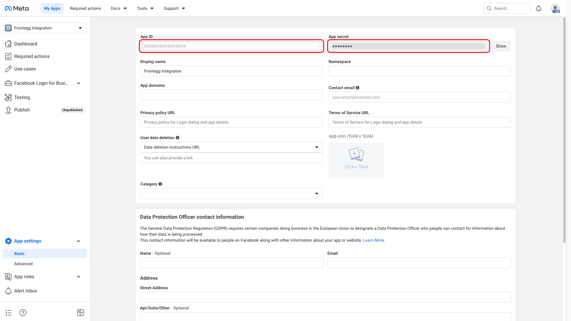 App settings Basic page with App ID and App secret fields highlighted