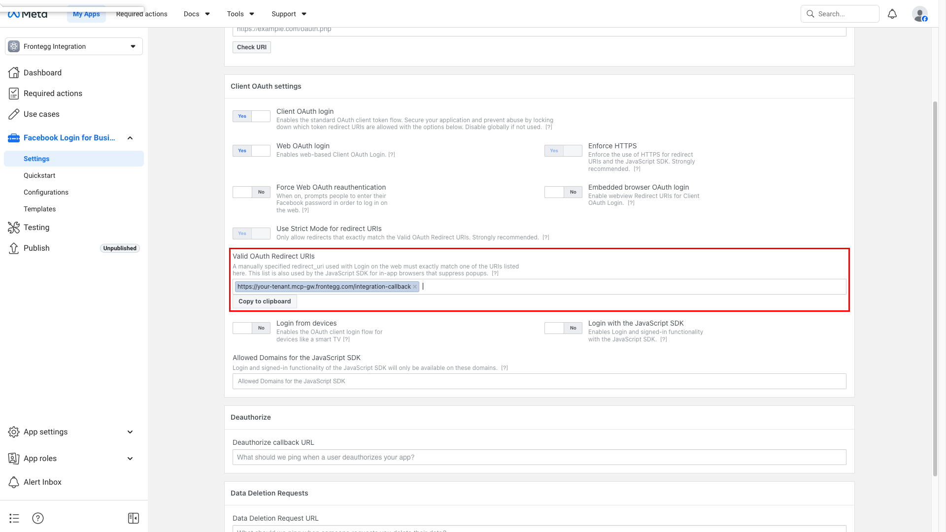 Facebook Login for Business Settings page with Valid OAuth Redirect URIs configured